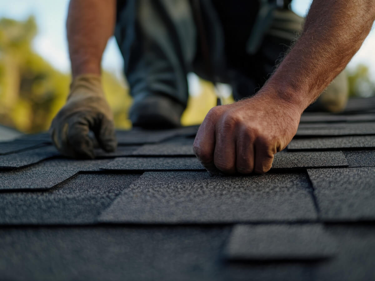 Roofer Inspecting Asphalt Shingles in Frisco Texas