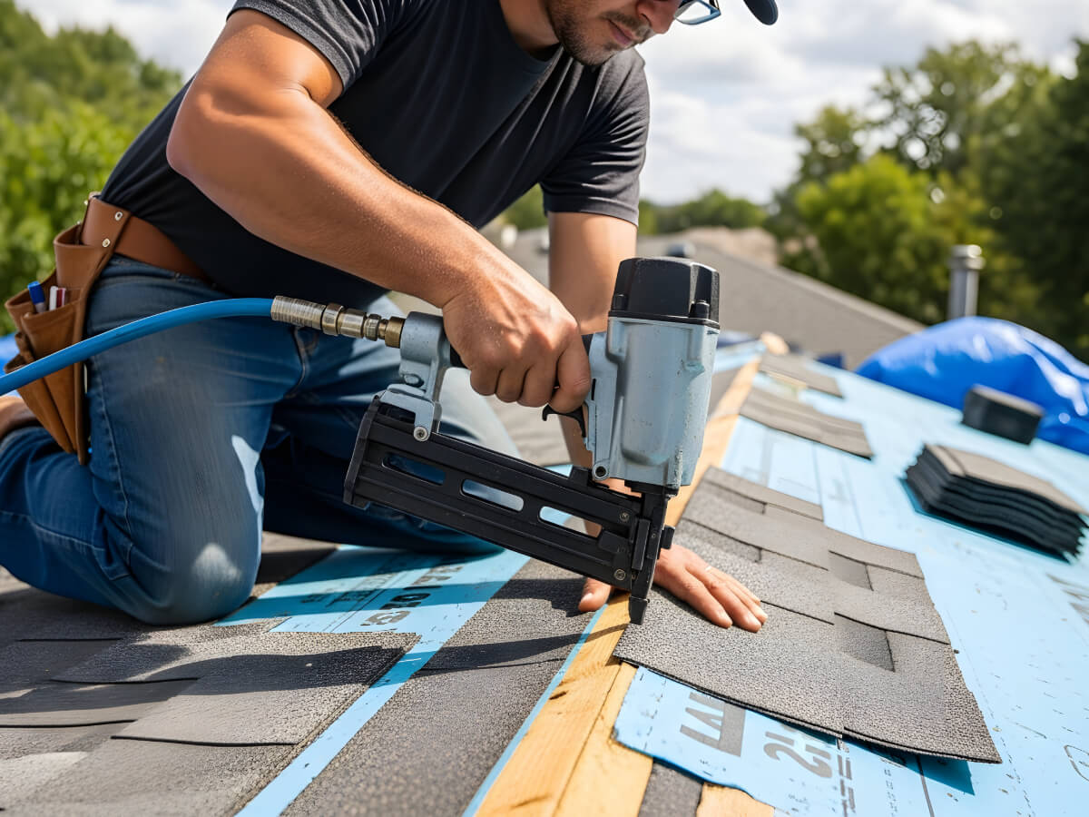 Roofer Installing New Roof on House in Frisco Texas