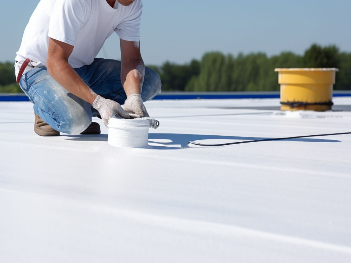 Roofer Applying Silicone Roof in Frisco Texas