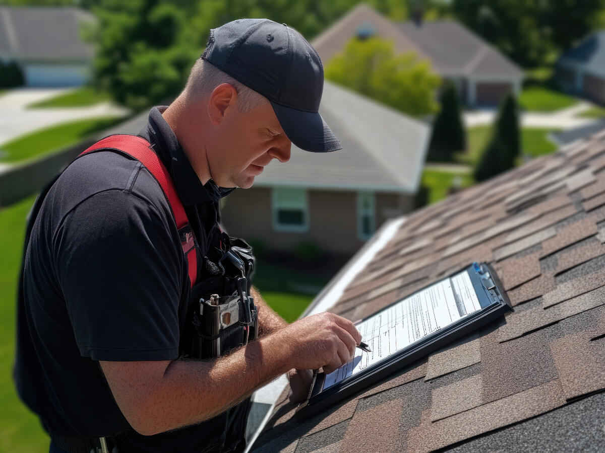 Insurance Adjuster Inspecting Damaged Roof in Frisco Texas
